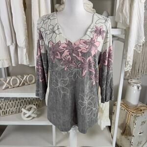 Fair Lady women's size large grey & pink casual comfort stretch knit top #2636